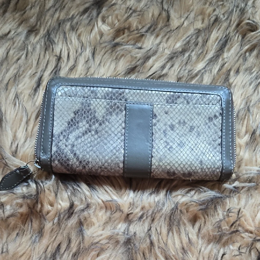 Coach leather and python snake nickel buckle gray-taupe zip around wallet - Picture 4 of 5